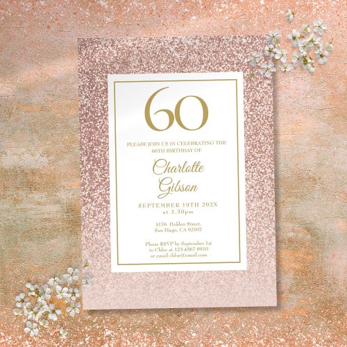 60th Birthday Elegant Rose Gold Glitter Invitation