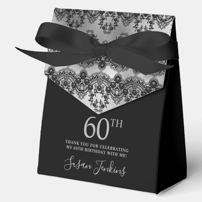 60th Birthday Elegant Silver Lace Thank You Favor Boxes (Front)