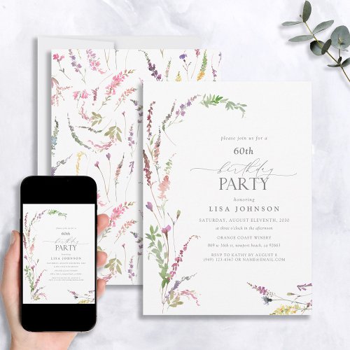 60th Birthday Elegant Wildflower Floral Watercolor Invitation