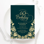 60th Birthday Emerald Green Gold Roses Invitation<br><div class="desc">Emerald green gold elegant 60th birthday party invitation. Classy design featuring roses,  faux gold foil and typography script font. Trendy invite card perfect for a stylish female bday celebration. Personalize with your own details. Can be customized to any age. Printed Zazzle invitations or instant download digital printable template.</div>
