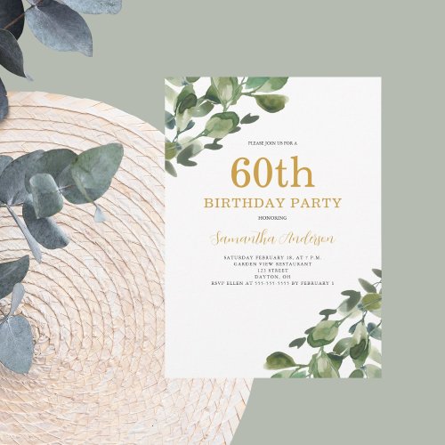 60th Birthday Eucalyptus Gold Script  Invitation