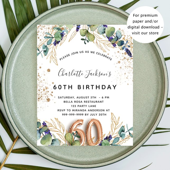 60th birthday eucalyptus greenery glitter elegant invitation postcard (Creator Uploaded)