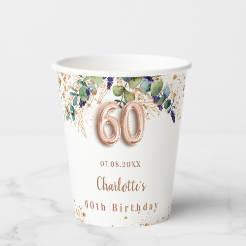 60th birthday eucalyptus greenery glitter name paper cups