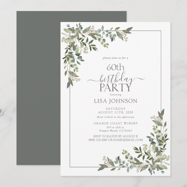60th Birthday Eucalyptus Sage Green Botanical Invitation (Front/Back)