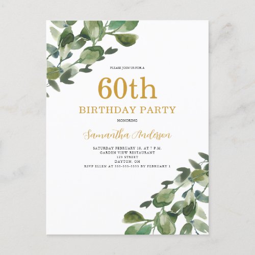 60th Birthday Eucalyptus Watercolor Invitation Postcard