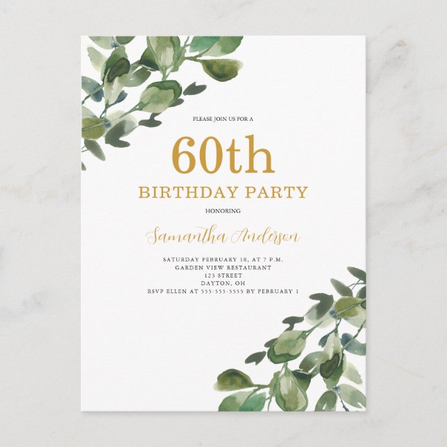 60th Birthday Eucalyptus Watercolor Invitation Postcard (Front)