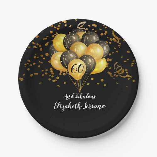 60th Birthday Fabulous Gold Black Glitter Paper Plates