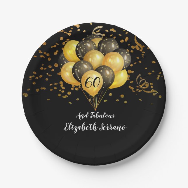 60th Birthday Fabulous Gold Black Glitter Paper Plates (Front)