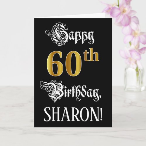 60th Birthday — Fancy Script; Faux Gold Look; Name