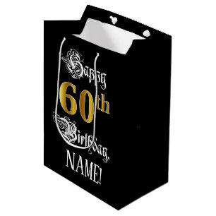 60th Birthday ~ Fancy Script; Faux Gold Look; Name Medium Gift Bag