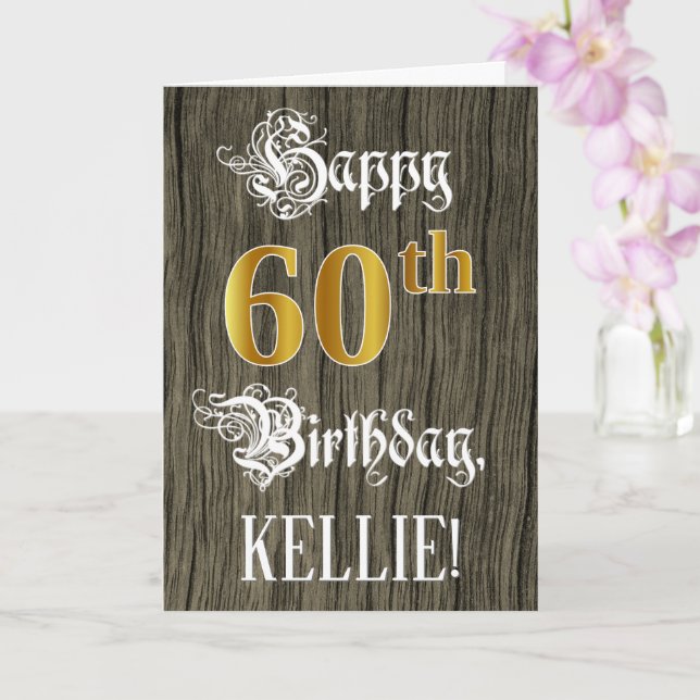 60th Birthday: Faux Gold Look + Faux Wood Pattern Card (Orchid)