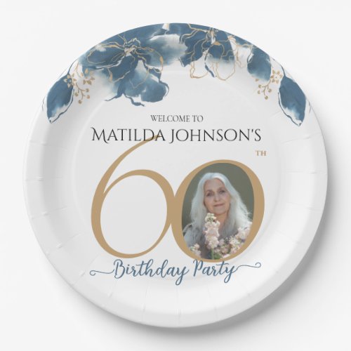 60th Birthday Floral Blue Gold Chic Custom Photo  Paper Plates