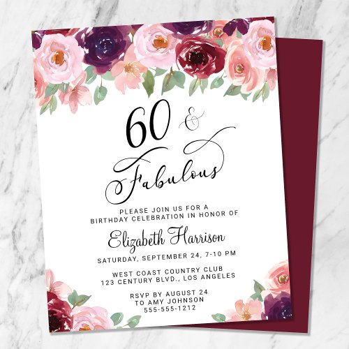60th Birthday Floral Burgundy Pink Invitation