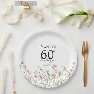 60th Birthday Floral Elegant Script Birthday Party Paper Plates