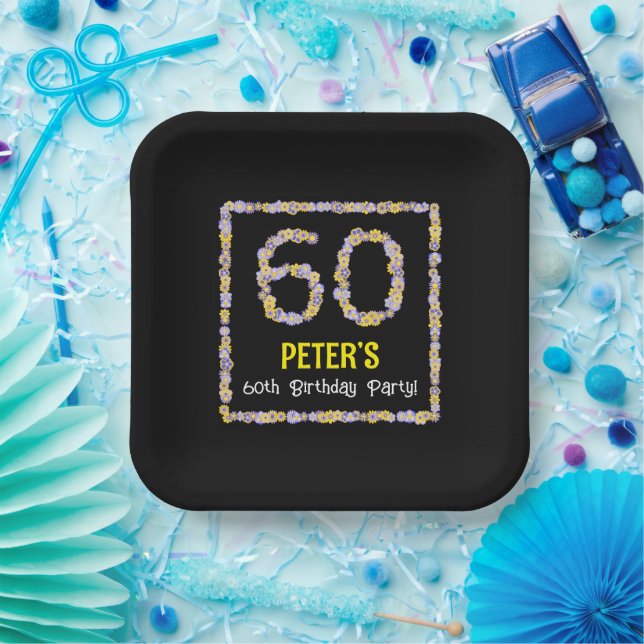 60th Birthday: Floral Flowers Number, Custom Name Paper Plates (Party)