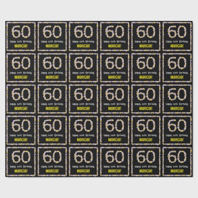60th Birthday: Floral Flowers Number, Custom Name Wrapping Paper (Seam)