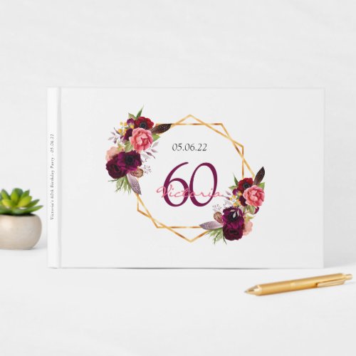 60th birthday floral geometric white burgundy guest book