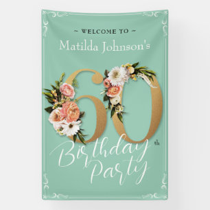 60th Birthday Floral Mint Gold Glamorous Welcome Banner