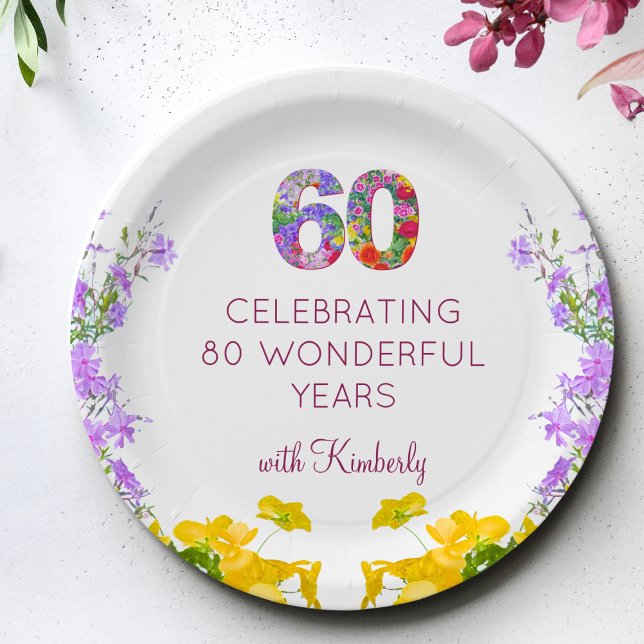 60th birthday floral modern 60 years party elegant paper plates (Creator Uploaded)