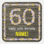 [ Thumbnail: 60th Birthday: Floral Number, Faux Wood Look, Name Sticker ]