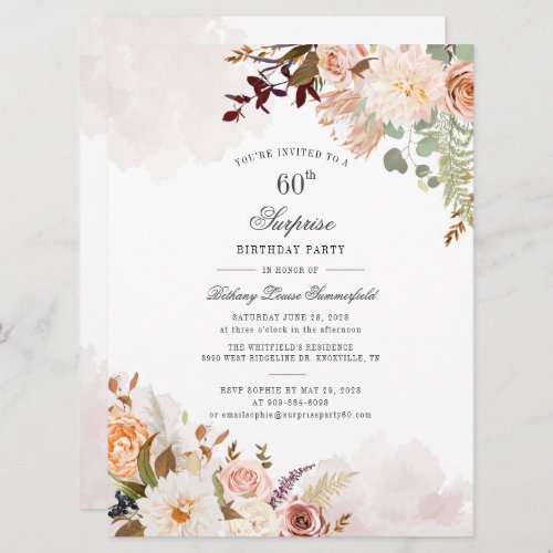 60th Birthday Floral Pastel Green Surprise Party Invitation