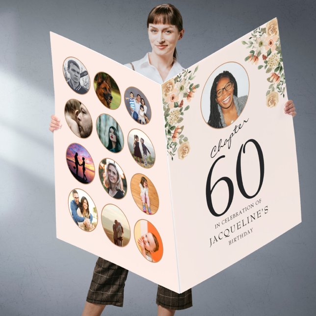  60th Birthday Floral Photo Blush Pink Huge Card (Custom huge 60th birthday card with photo montage held by a woman standing in front of a grey wall.)