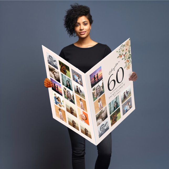 60th Birthday Floral Photo Template Blush Pink Card (Woman holding large 60th birthday floral photo montage card stood against a blue background)