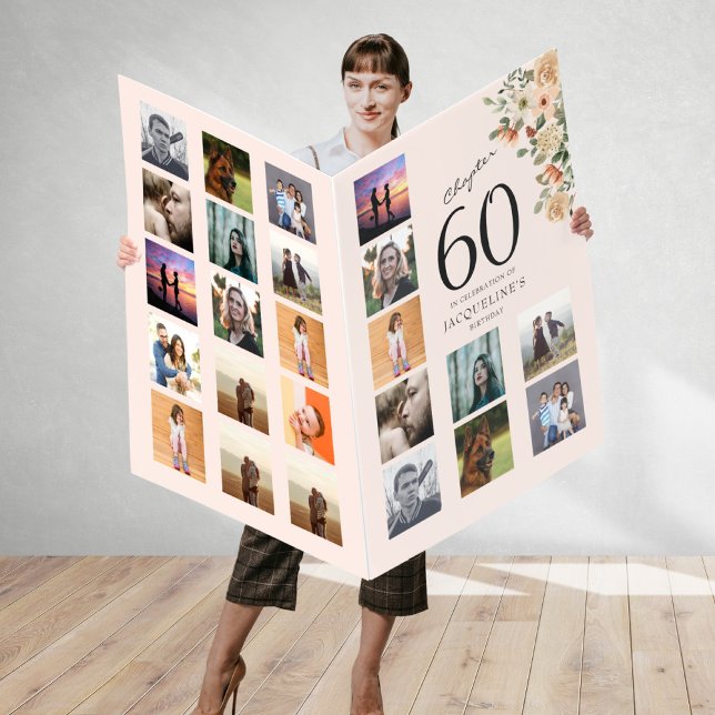 60th Birthday Floral Photo Template Blush Pink Card (Woman holding huge 60th birthday card)