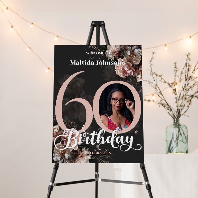 60th Birthday Floral Pink Elegant Custom Photo Foam Board (In Situ (Stand))