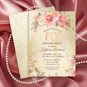 60th Birthday Floral Pink Roses Gold Shimmer Party Invitation by ilovedigis at Zazzle