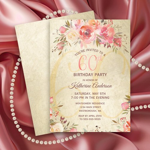 60th Birthday Floral Pink Roses Gold Shimmer Party Invitation