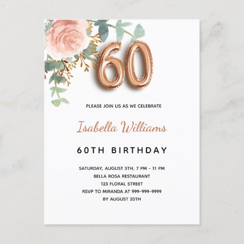 60th birthday floral rose gold eucalyptus greenery invitation postcard