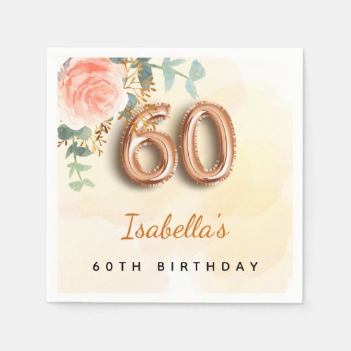 60th birthday floral rose gold eucalyptus monogram napkins