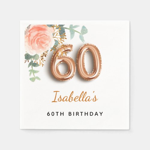 60th birthday floral rose gold eucalyptus monogram napkins