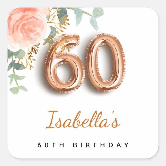 60th birthday floral rose gold eucalyptus monogram square sticker (Front)