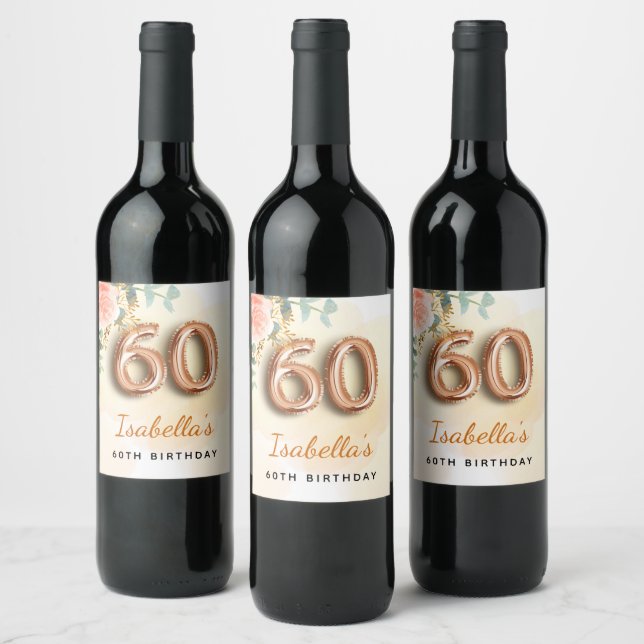 60th birthday floral rose gold eucalyptus monogram wine label (Bottles)