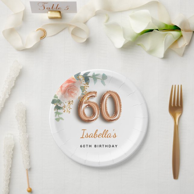 60th birthday floral rose gold eucalyptus name paper plates (Wedding)