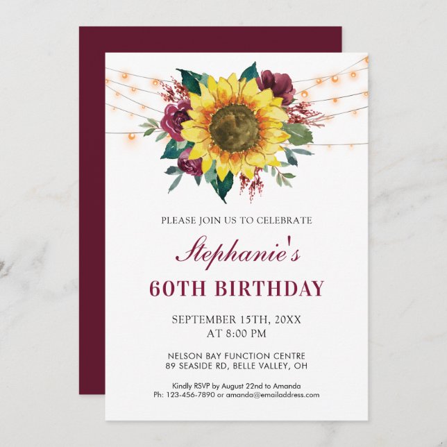 60th Birthday Floral Sunflower String Lights Party Invitation (Front/Back)
