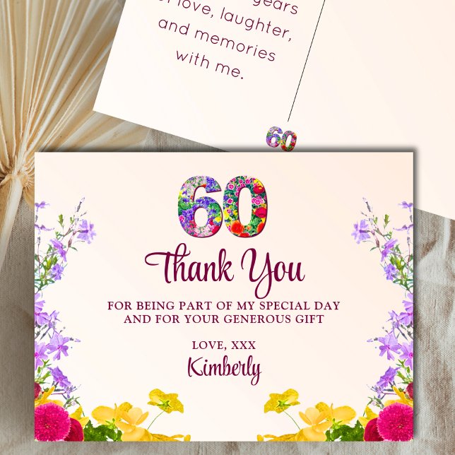 60th birthday floral thanks modern 60 years party postcard (Creator Uploaded)