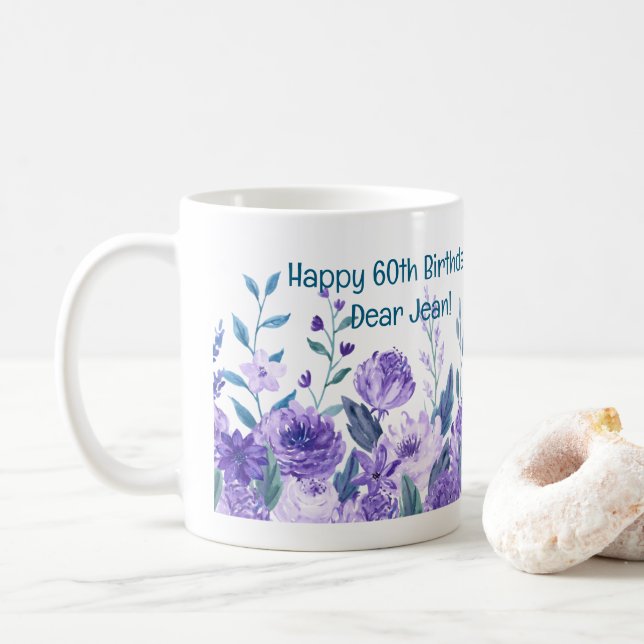 60th Birthday Flowers Love Elegant Modern Floral Coffee Mug (With Donut)