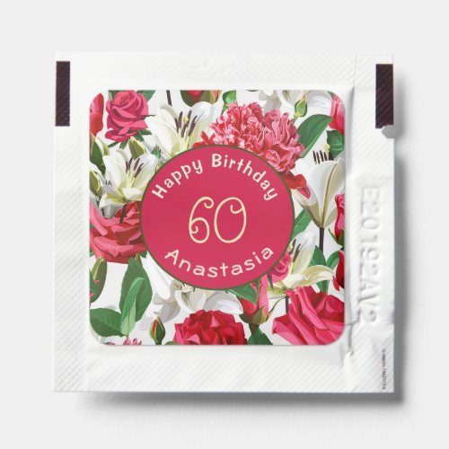 60th Birthday Flowers Red White Floral Personalize Hand Sanitizer Packet