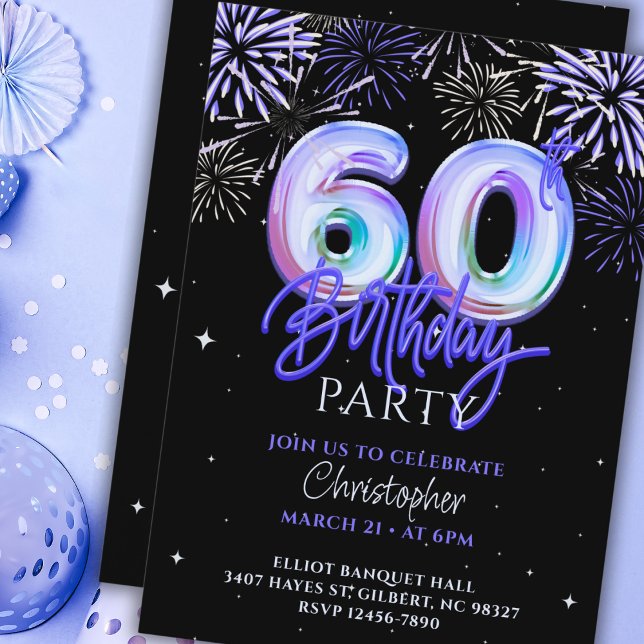 60th Birthday for Him Blue Fireworks Foil Balloon  Invitation (Creator Uploaded)