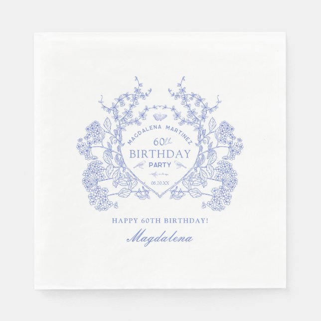 60th Birthday French Blue Floral Crest Custom Napkins (Front)