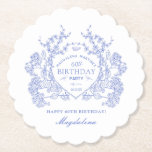 60th Birthday French Blue Floral Crest Custom Paper Coaster<br><div class="desc">An elegant French vintage blue floral crest takes center stage on this timeless custom paper coaster. Ornate,  formal and very feminine will make any birthday lady feel very special. Coordinating party supplies are available.</div>