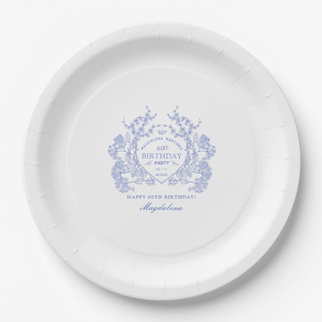 60th Birthday French Blue Floral Crest Custom Paper Plates (Front)