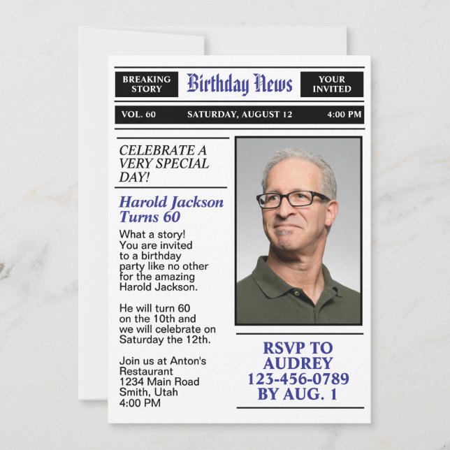 60th Birthday Front Page Newspaper Birthday Invitation (Front)