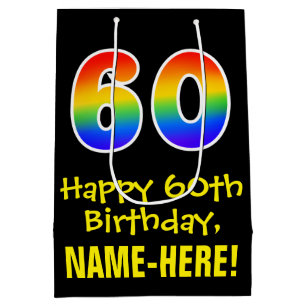 60th Birthday: Fun, Bold, Colorful, Rainbow "60" Medium Gift Bag