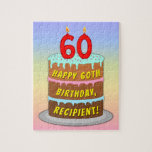 60th Birthday: Fun Cake and Candles   Custom Name Jigsaw Puzzle<br><div class="desc">This cheerful and joyful birthday-themed jigsaw puzzle design features a cartoon-style depiction of a three-tier birthday cake having number-shaped candles on top showing the age “60“, along with the message “HAPPY 60TH BIRTHDAY, ”, and a custom recipient name. The background has a multicolored pastel rainbow spectrum inspired gradient pattern. A...</div>