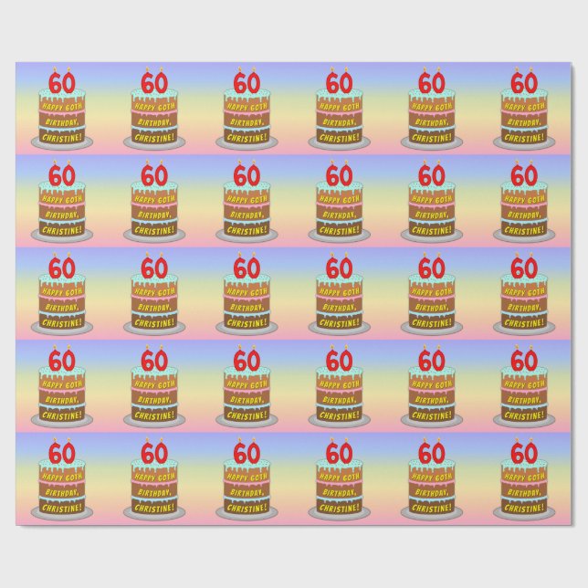 60th Birthday: Fun Cake and Candles + Custom Name Wrapping Paper (Flat)