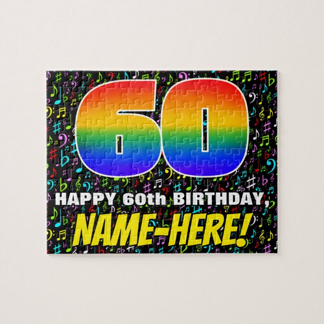 60th Birthday — Fun, Colorful Music Symbols & “60” Jigsaw Puzzle (Horizontal)